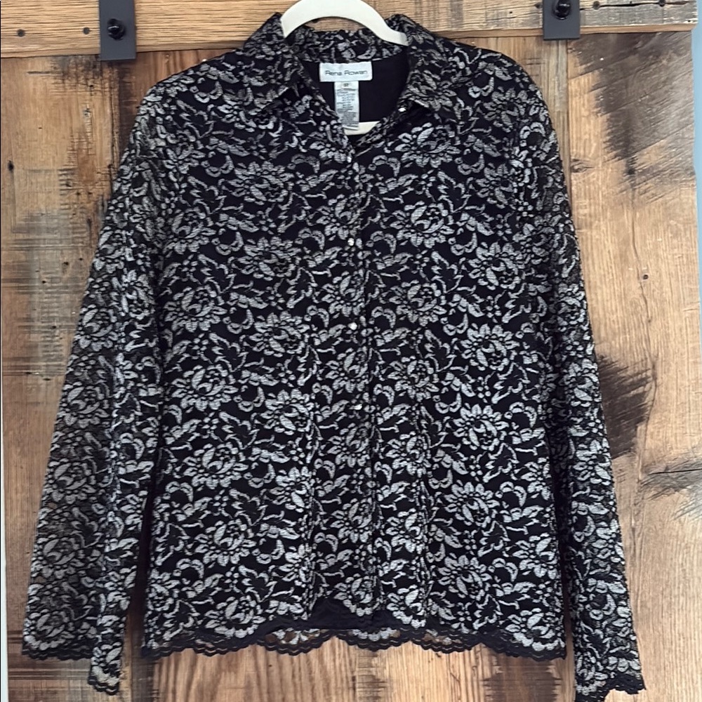 Rena Rowan Black and White Notched Collar Button Down Shirt